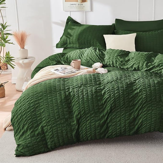 HYMOKEGE Dark Green Duvet Cover Full Size, Ultra Soft 3-Piece Seersucker Duvet Cover Set with Zipper Closure, Soft Brushed Microfiber Bedding Set with 8 Corner Ties (80"x90", 2 Pillowshams)