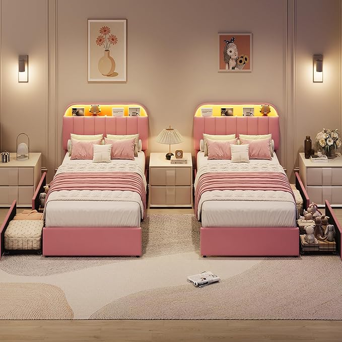 GarveeHome Twin XL Bed Frame with Storage Headboard, Kids Bed Frame with 2 Drawers, Velvet Upholstered Platform Bed Frame with Lights, No Box Spring Needed, Easy Assembly, Velvet Pink