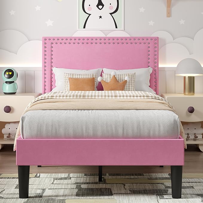 VECELO Twin Size Platform Bed Frame with Height Adjustable Upholstered Headboard, Modern Mattress Foundation,Strong Wood Slat Support, No Box Spring Needed, Easy Assembly,Pink