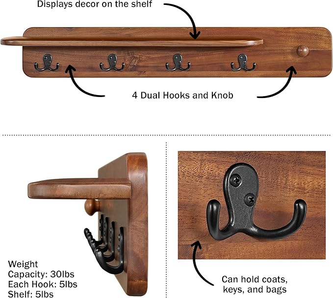 Alaterre Furniture Calais 36 Inch Wall Mount Coat Rack with Shelf with 4 Coat Hooks and Peg – Acacia Wood Wall Hangers (Chestnut)