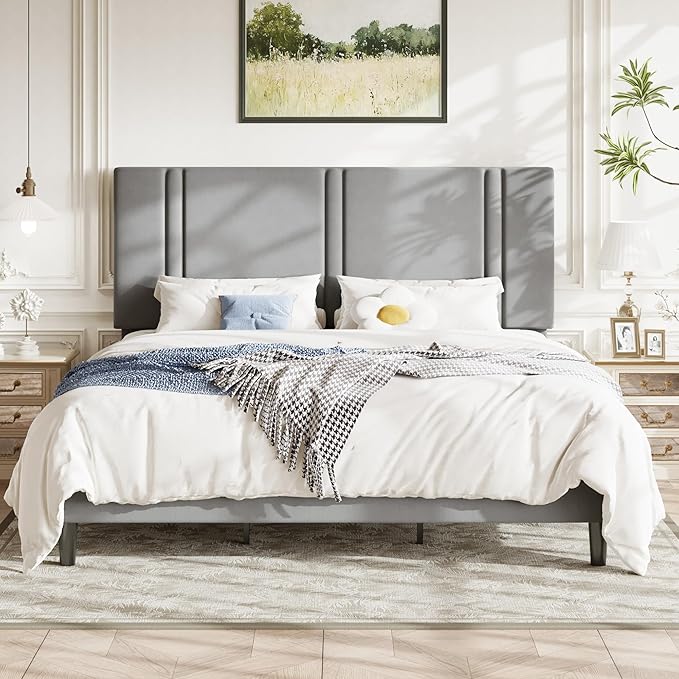 Allewie King Size Platform Bed Frame with Adjustable Headboard, Plush Velvet Upholstered, Vertical Channel Tufted, Sturdy Wooden Slats, No Box Spring Needed, Easy Assembly, Grey