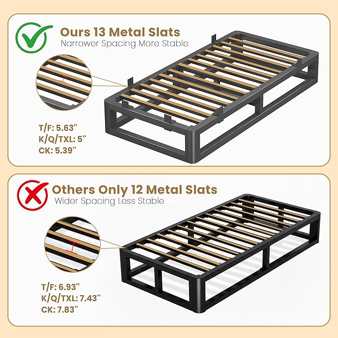 10 Inch Twin Bed Frames with Rounded Corner and Squeak Free U-Slot Design, Metal Platform Bed Frames 6 Non-Slip Guards, 3500lbs Heavy Duty Steel Slat Support, No Box Spring Needed, Black