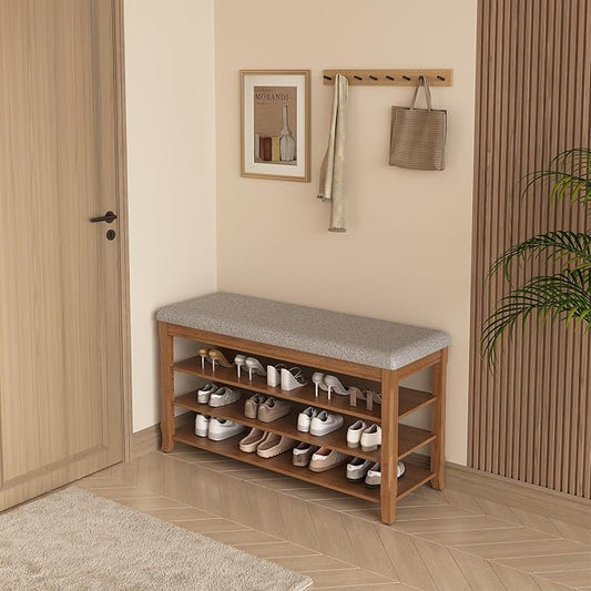 SolidWood Entryway Shoe Storage Bench, Flip-Top Soft-Close Lid, Adjustable Shelves, Cushioned Entryway Shoe Rack Organizer,Hallway, Closet, Foyer 39.4''