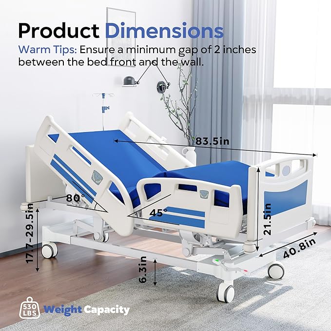 Premium Full Electric Hospital Bed for Home Use, 5 Function Medical Bed with 4.7” Foam Mattress, Height Adjustable, Central Locking System, Includes Sheets (2X) (5 Function Pro)