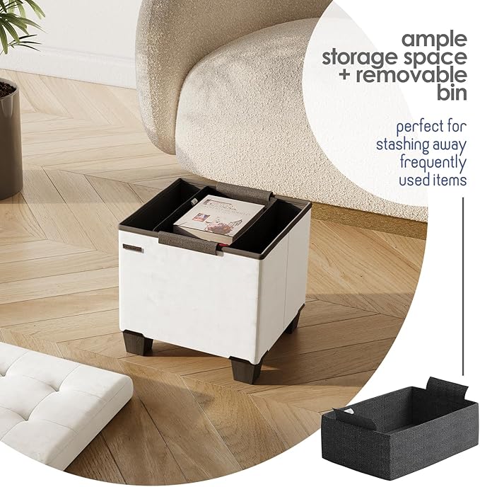 Storage Ottoman Cube with Small Bin, 15-in Square Ottoman with Storage for Living Room and Bedroom, Small Ottomans Foot Rest, Velvet Foot Stools Ottomans Max 330lbs, Cream