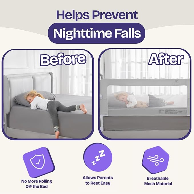 ComfyBumpy Premium Adjustable Bed Rail for Toddlers, Swing-Down Safety Guard, Height Adjusts 24.4"–32.3"H, Extra-Long 55.5", Sturdy Steel & Breathable Mesh, For Twin, Full, Queen & King, Gray, 1-Pack