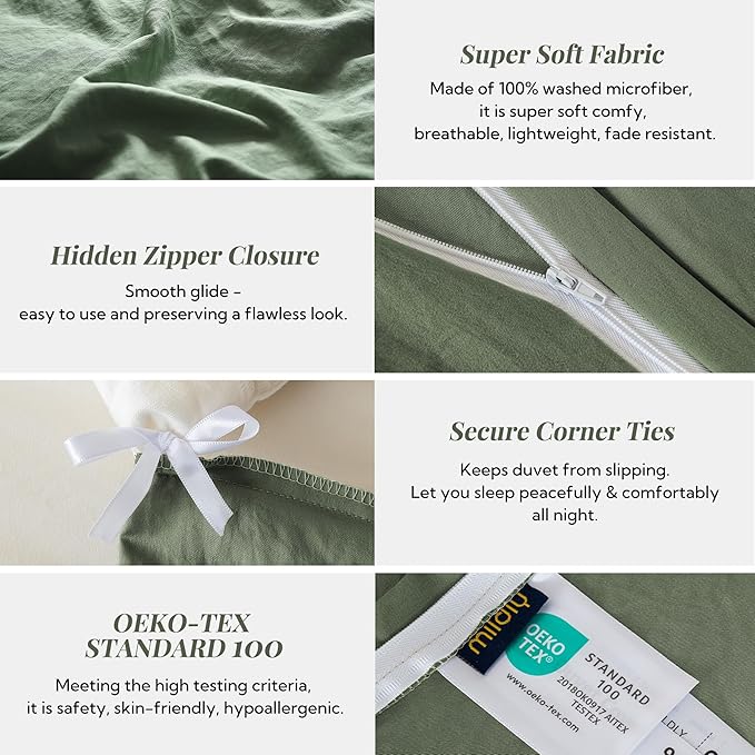 MILDLY Super Soft Duvet Cover 2pcs - 100% Washed Microfiber Olive Green Twin/Twin XL Comforter Cover Set with Zipper Closure & Corner Ties (No Comforter)