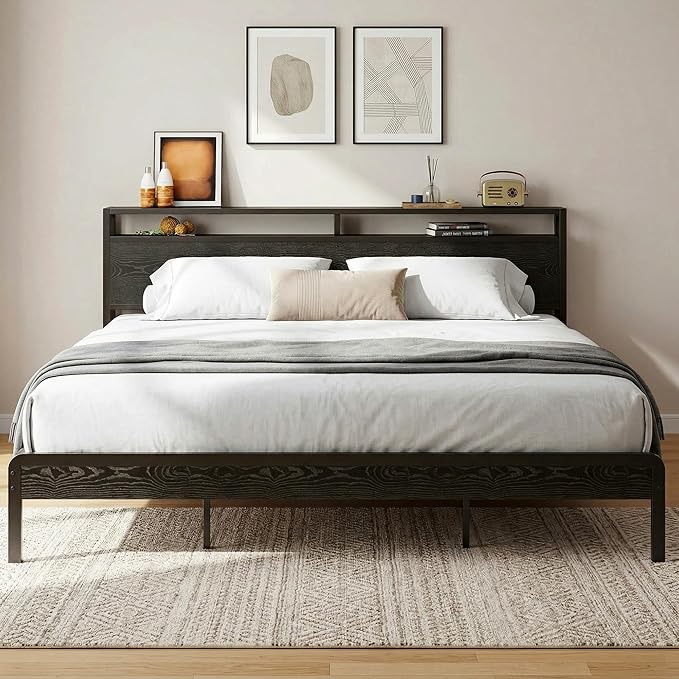 LIKIMIO King Bed Frame with Headboard, Dark Wood Camas King with Strong Supports, Sturdy, Noise-Free, No Box Spring Needed, Black