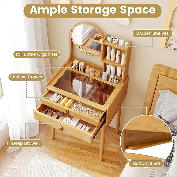 CHARMAID Small Vanity Desk with Mirror, Glass Top Bamboo Makeup Vanity Table with Storage Drawers & Shelves, Tabletop Groove, Rotatable Mirror, Compact Dressing Table for Bedroom Small Spaces, 23.5"W