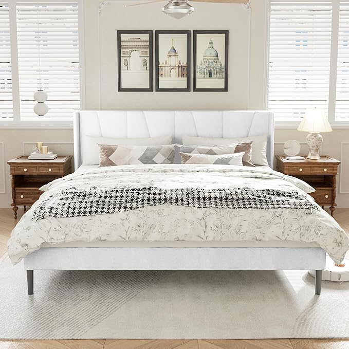 HAOARA King Bed Frame with Headboard, Velvet Upholstered Platform Bed Frames with Wingboard, Contemporary Mattress Foundation, Noise Free, No Box Spring Needed, Easy Assembly, White