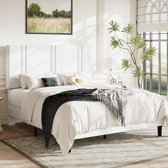 Allewie Queen Platform Bed Frame with Adjustable Headboard, Plush Velvet Upholstered, Vertical Channel Tufted, Sturdy Wooden Slats, No Box Spring Needed, Easy Assembly, White