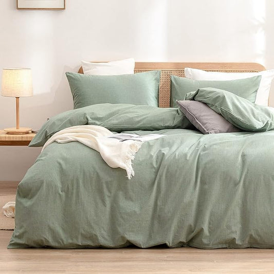 BESTOUCH Duvet Cover Set 100% Washed Cotton Linen Feel Super Soft Comfortable Chic Lightweight 3 PCs Home Bedding Set Solid Green King