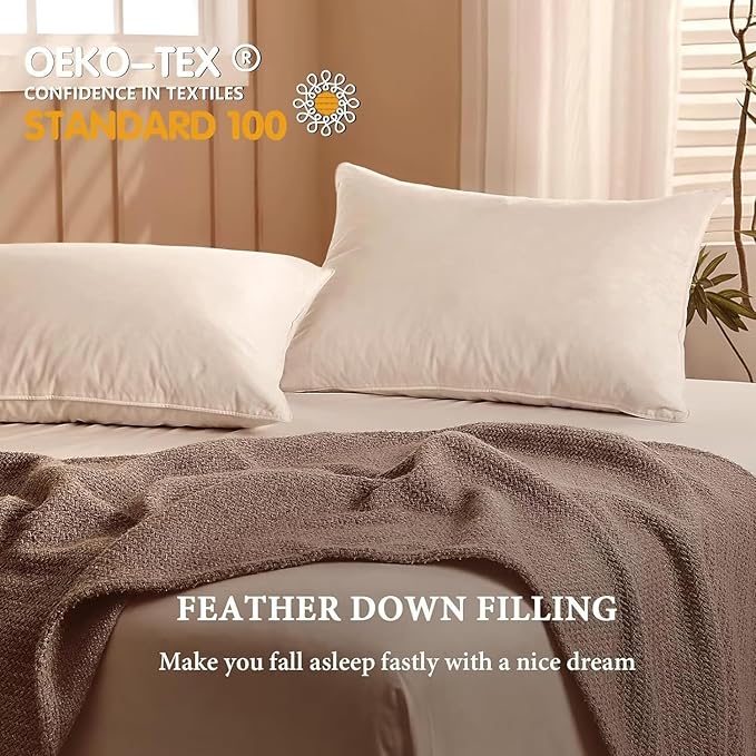 BHZ Goose Down Feather Pillows Queen Size - Hotel Collection Bed Pillows for Sleeping Medium Firm Soft Support Pillow for Side and Back Sleepers with Breathable Cover