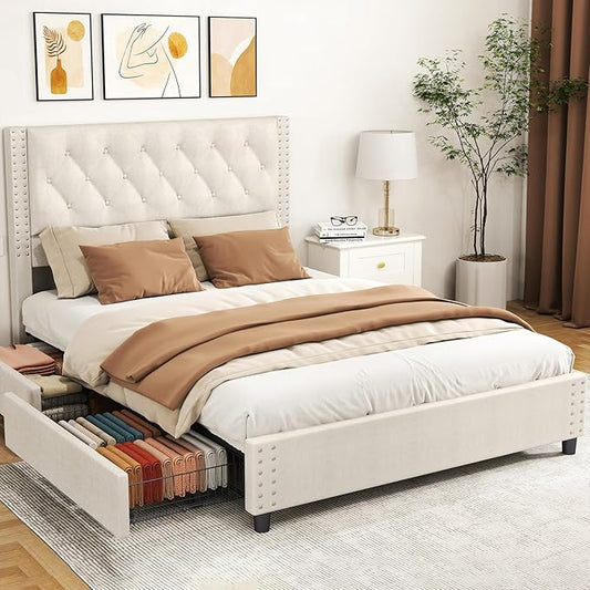 EVLIQUIL Bed Frame Queen Size with 4 Storage Drawers, Upholstered Headboard & Frame, Sturdy Metal Frame & Wood Slats, Platform Bed Frame No Box Spring Needed, Easy Assembly, Beige