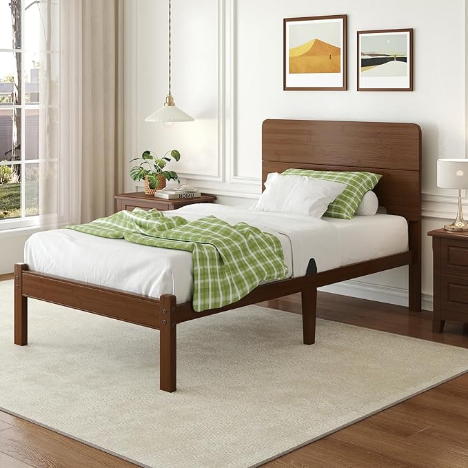 Askeld 14 Inch Bamboo Twin XL Bed Frame with Headboard, Solid Wood Bed Frames Twin XL Size No Box Spring Needed, Easy Assembly, Noise Free, Walnut Color