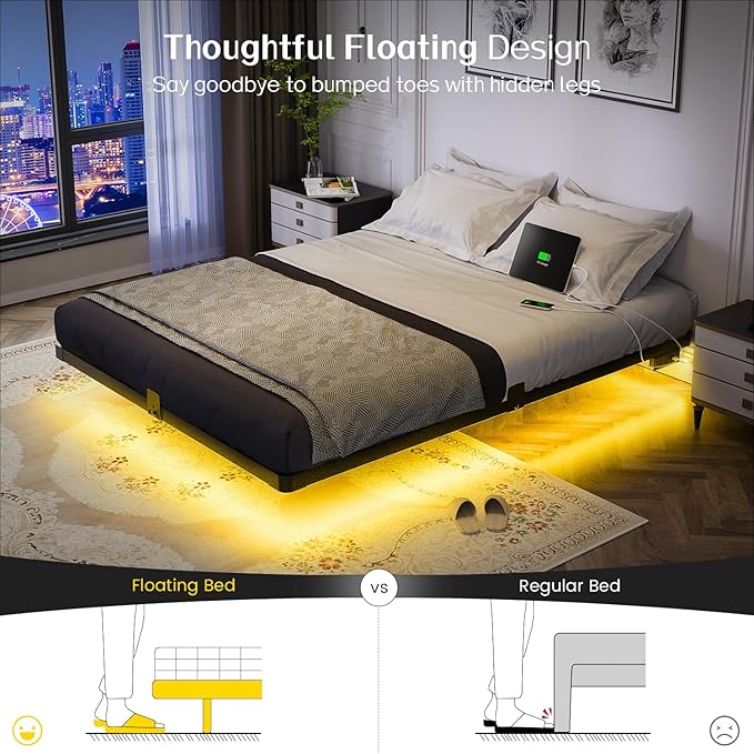 OLEVS Floating Bed Frame Full Size with Smart LED Lights and Charging Station - Modern Metal Platform Bed, Easy Assembly No Box Spring Needed