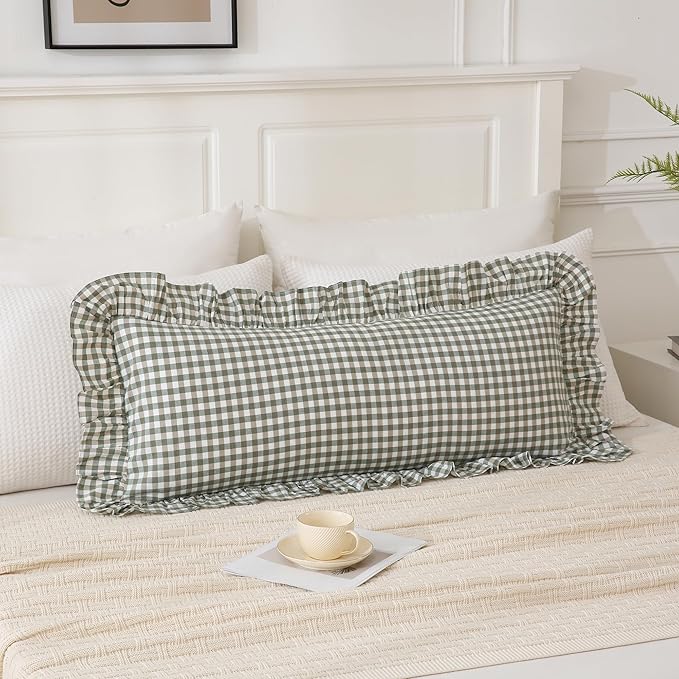 14x36 inches Sage Green Plaid Ruffle Lumbar Pillow Sham 1 Piece, Pure Cotton Gingham Decor Pillowcase French Country Vintage Cushion Cover for Bedding Couch