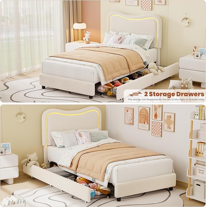 GarveeHome Upholstered LED Twin Bed Frames for Kids with 2 Drawers and Headboard, Cute Twin Bed with Storage for Girls, Boys, Sturdy Platform Bed, No Box Spring Needed, Wooden Slats, Noise Free, Beige