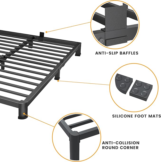 Superay 4 Inch Queen Bed Frame Low Profile, Heavy Duty Metal Platform Bed Frame with Round Corner Legs, Sturdy Mattress Foundation, No Box Spring Needed, Easy Assembly, Noise Free, Black