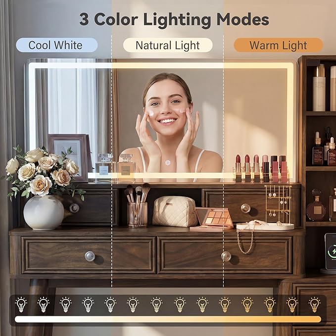 Furmax 48" Makeup Vanity Desk with Large Mirror and Lights,Big Wood Vanity Table with 5 Drawers＆Glass Storage Cabinet with Adjustable Shelves,Dressing Table with Charging Station for Bedroom (Walnut)
