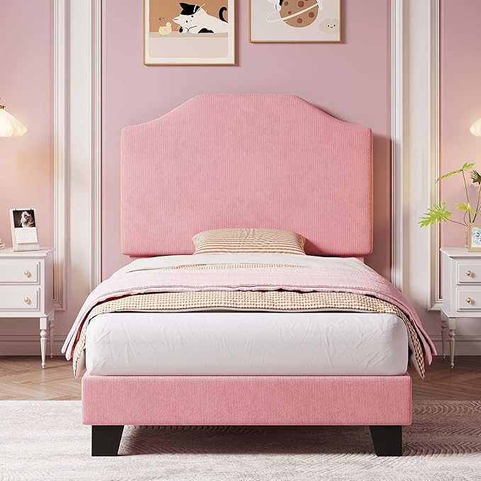 Twin Bed Frames, Corduroy Upholstered Twin Bed Frame with Cute Adjustable Headboard, Fabric with Strong Wooden Slats Support, No Box Spring Needed, Easy Assembly, Pink