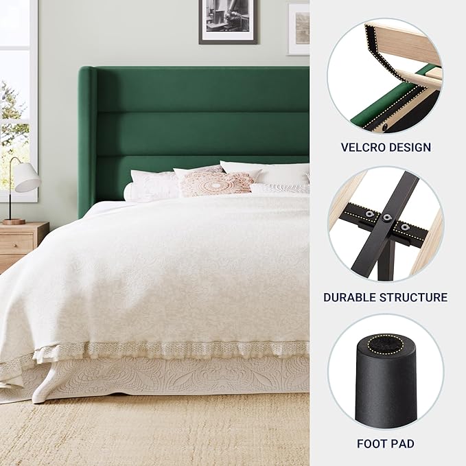 Allewie King Size Platform Bed Frame with Velvet Upholstered Wingback Headboard, No Box Spring Needed, Strong Wooden Slats, Under Bed Storage Space, Modern Mattress Foundation, Easy Assembly, Green