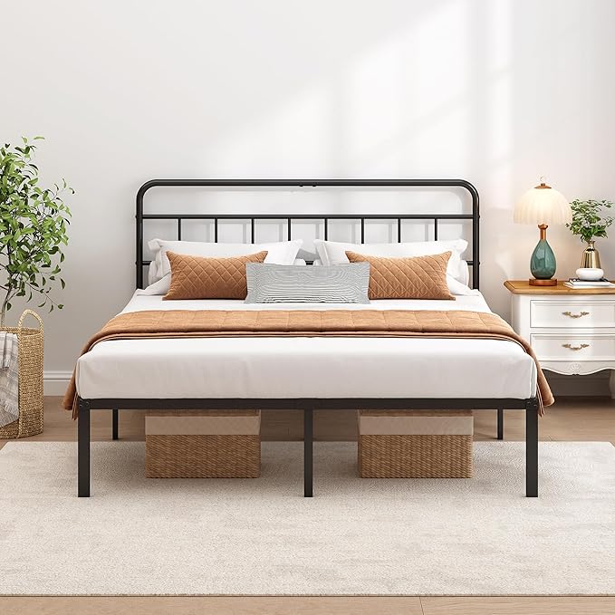 Queen Bed Frame with Classic Headboard,Strong Metal Slats Support,Under Bed Storage Space,No Box Spring Needed,Easy to Assemble,Black