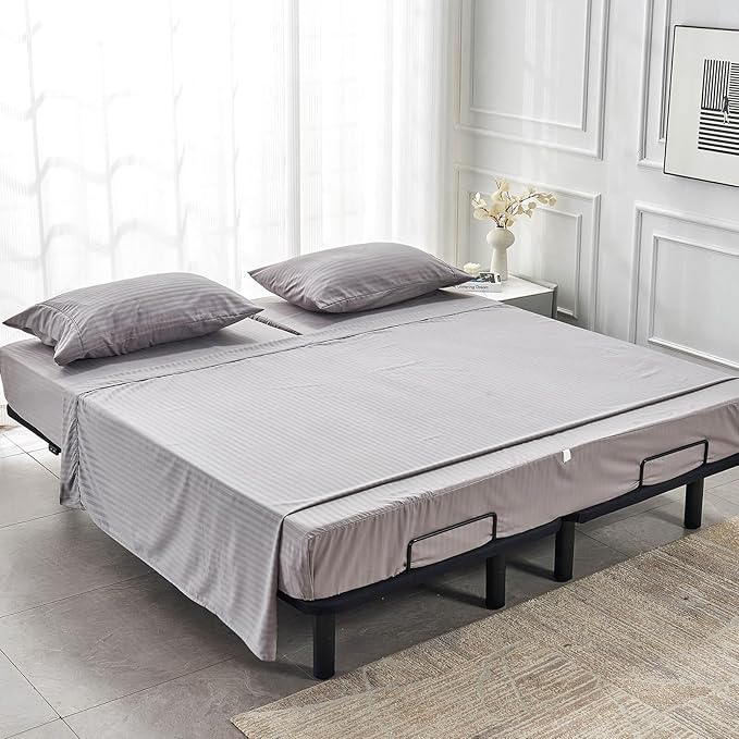 Kingnex Striped Split Top California King Sheets Sets for Adjustable Bed 4 Pieces Include 1 Flex Head Fitted Cal King Sheet 1 Flat Sheet 2 King Size Pillowcases Grey