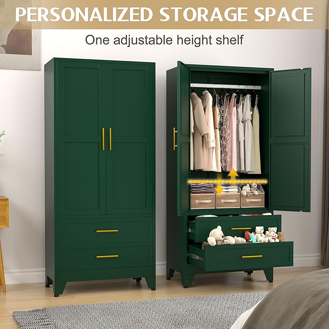 GAIOUS 71" Metal Wardrobe Cabinet with 2 Doors, 1 Adjustable Shelf and 2 Drawers, Metal Clothing Storage Cabinets with Hanging Rod, Armoire Wardrobe Closet for Bedroom, Cloak Room, Gym (Green)