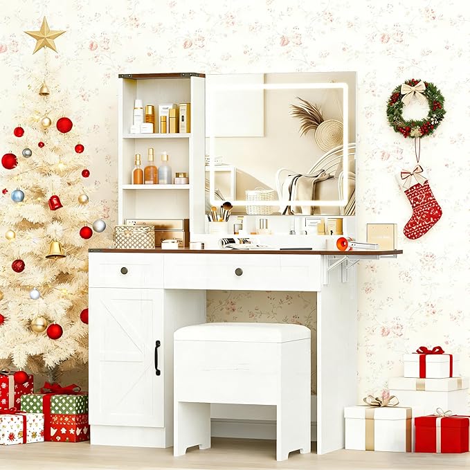 KAMABOKO Vanity Desk with Mirror, LED Lights and Power Outlet, Makeup Vanity Table with Cabinet and 2 Drawers, Dressing Table with Stools for Bedroom (Brown)