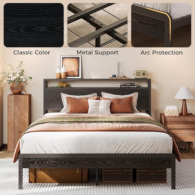 LIKIMIO Full Bed Frame with Headboard, Dark Wood Camas Full with Strong Supports, Sturdy, Noise-Free, No Box Spring Needed, Black