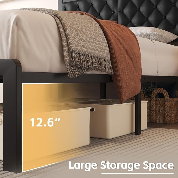 Fluest Full Bed Frame with Headboard PU Leather Upholstered Bed Frame Platform,All Metal Slats Support Platform Bed Frame with Storage Space,Easy Assembly,Noise Free,No Box Spring Needed,Black