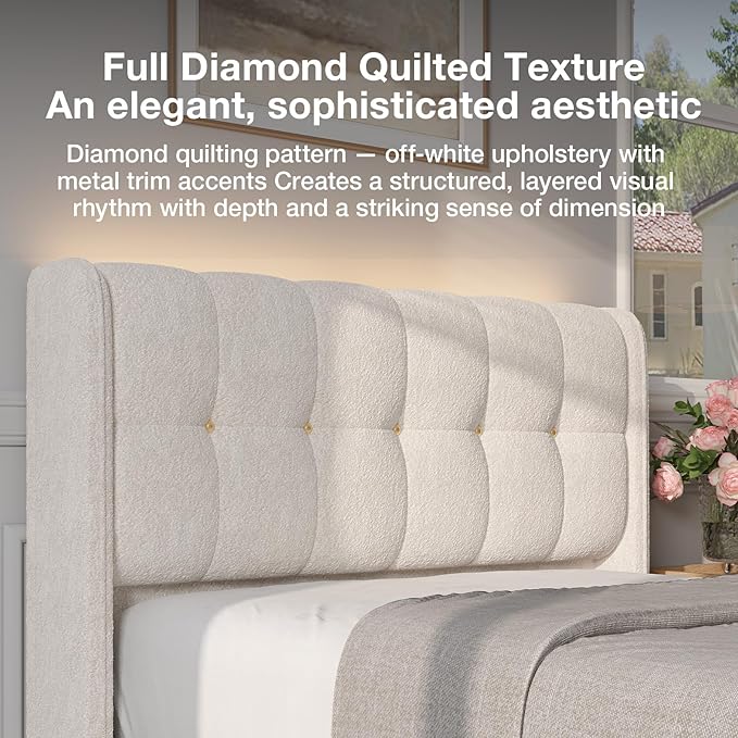 Novilla Queen Bed Frame with Charging Station & LED Lights, Upholstered French Luxury Platform Bed with Wingback Headboard, Lamb Wool Fabric, No Box Spring Needed, Easy Assembly, Cream White