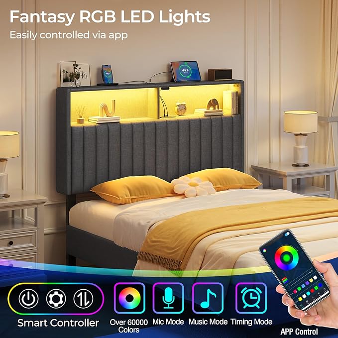 Rolanstar Headboard for Twin Size Bed with Storage, Head Board with USB & Type C Port, 60,000 DIY Color of LED Light, Velvet Upholstered, Height Adjustable, Sturdy, Easy Assembly, Grey