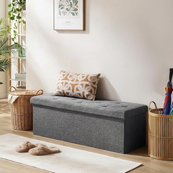 DUMOS 43in Storage Ottoman Bench, Storage Chest, End of Bed Foot Rest Stool with Padded Seat, Bedroom Bench for Living Room, Support 660lbs, Grey
