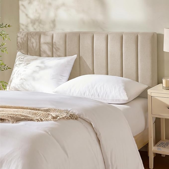 Hearth & Harbor Upholstered King Headboard - Easy Assemble Channel Stitched Headboard King Size Bed - Wall Mounted Headboards with 3D Soundproof Wall Panels Peel & Stick Floating Headboards, Beige