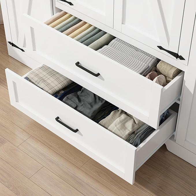 Hlivelood 4 Doors Wardrobe Armoire Closet with Doors and Drawers, Farmhouse Wooden Armoire Storage Cabinet with Shelves & Hanging Rod for Bedroom, White