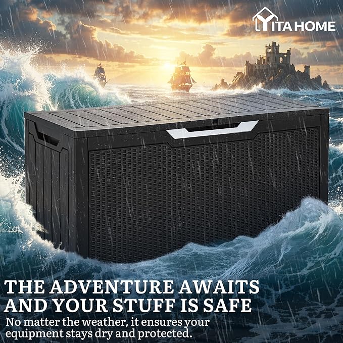 YITAHOME 80 Gallon Outdoor Storage Box, Large Water Resistant Resin Deck Box, Indoor Outdoor Lockable Rattan Storage Container for Patio, Garden, Cushions, Tools, Equipment (Black)