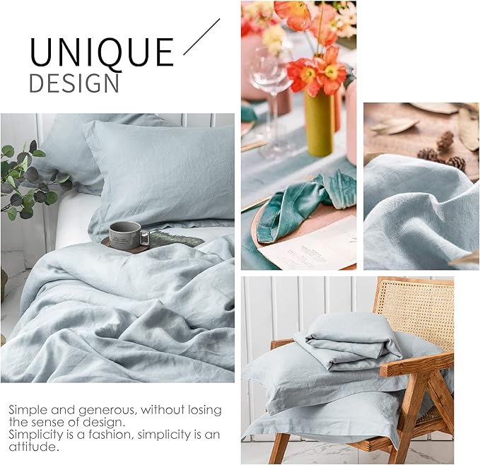 Simple&Opulence 100% Linen Duvet Cover Set 3pcs Basic Style Natural French Washed Flax Solid Color Soft Breathable Farmhouse Bedding with Button Closure - Dusty Blue, Full