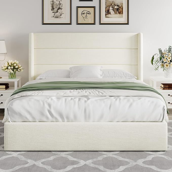 Allewie Queen Size Lift Up Storage Bed, Chenille Fabric Upholstered, Modern Wingback Headboard, Hydraulic Support, No Box Spring Needed, Cream White
