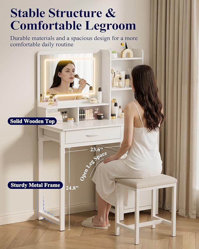 Kitsure Vanity Desk with Mirror and Lights - Large Capacity Makeup Vanity with 4 Fabric Storage Drawers & 3 Lighting Modes, Vanity Table Set with Sturdy Metal Frame for Bedroom, White, 35" x 17" x 52"