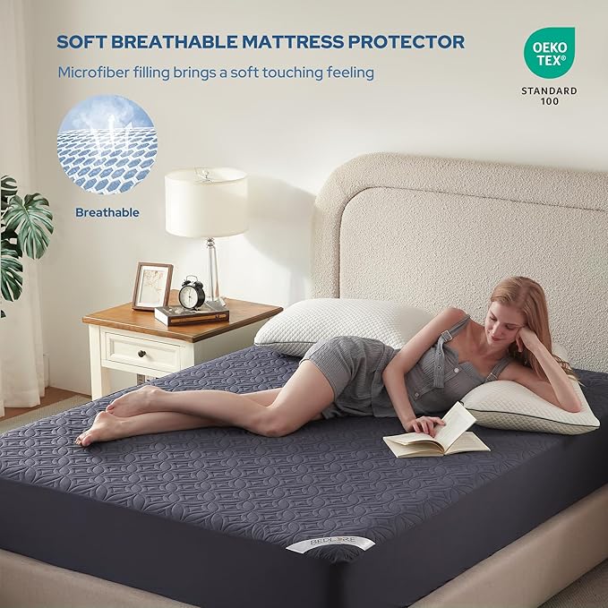 BEDLORE Waterproof Mattress Protector, Cal King Size Mattress Pad with Deep Pocket 6"-18" Depth, Soft Dirt-Proof Double Bed Mattress Cover for Bedroom, College Dorm, Hotel (Navy Blue)