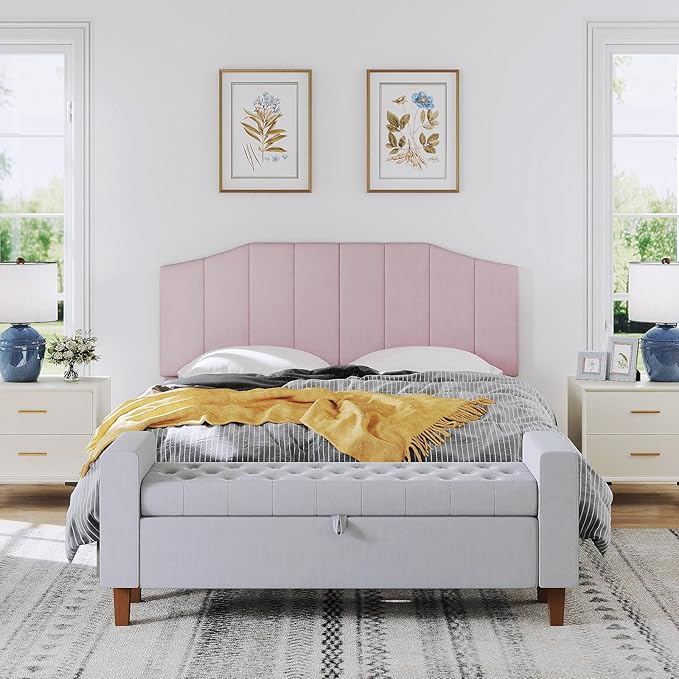 Furpopup Velvet Queen Size Headboard, Upholstered Headboard Queen/Full Size Wall Mount and Bed Frame Mount, Featuring High-Density Sponge Padding Luxury Texture Easy Assembly Comfort Style-Pink