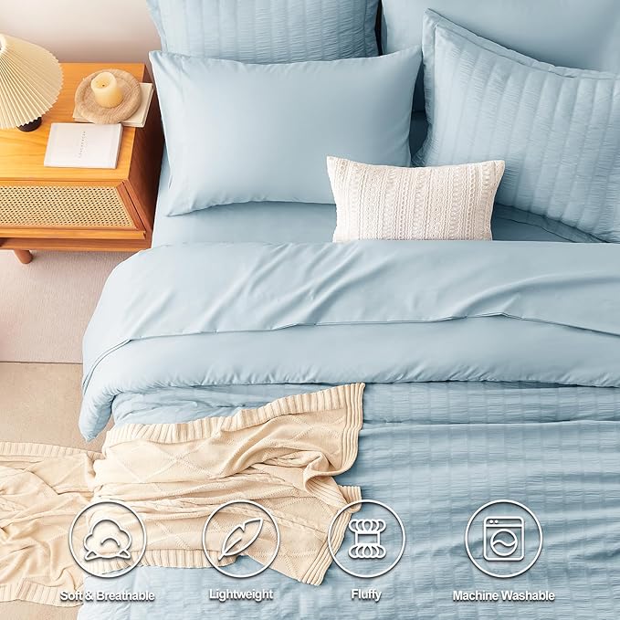 CozyLux Oversized King Comforter Set Light Blue Seersucker 7 Pieces 120x98 Bed in a Bag Comforter Set with Sheets, Luxury Soft Bedding Sets with Down Alternative Comforter, Sheets, Pillowcases & Shams