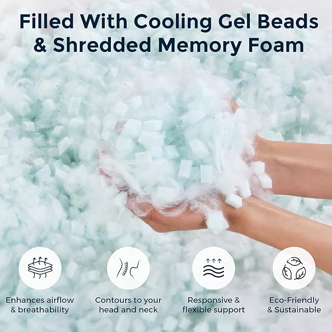 Cooling Pillow with Shredded Memory Foam for Sleeping, 20x30 Adjustable Bed Pillow with Cool & Bamboo-Derived Rayon Side, Firm Pillow with Cooling Gel for Hot, Back, Stomach or Side Sleeper (Queen)