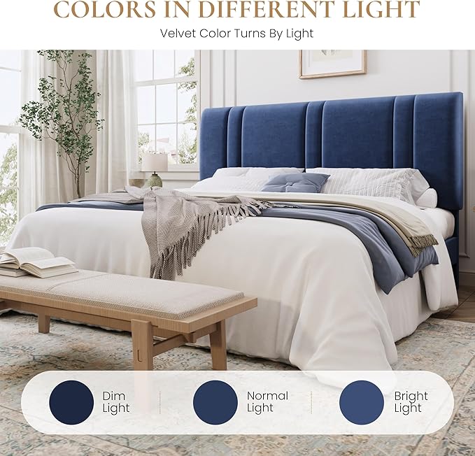 SHA CERLIN King Size Platform Bed Frame, Velvet Upholstered Bed with Adjustable Headboard, Vertical Channel Tufted Design, Sturdy Wood Slat Support, No Box Spring Needed, Easy Assembly, Dark Blue