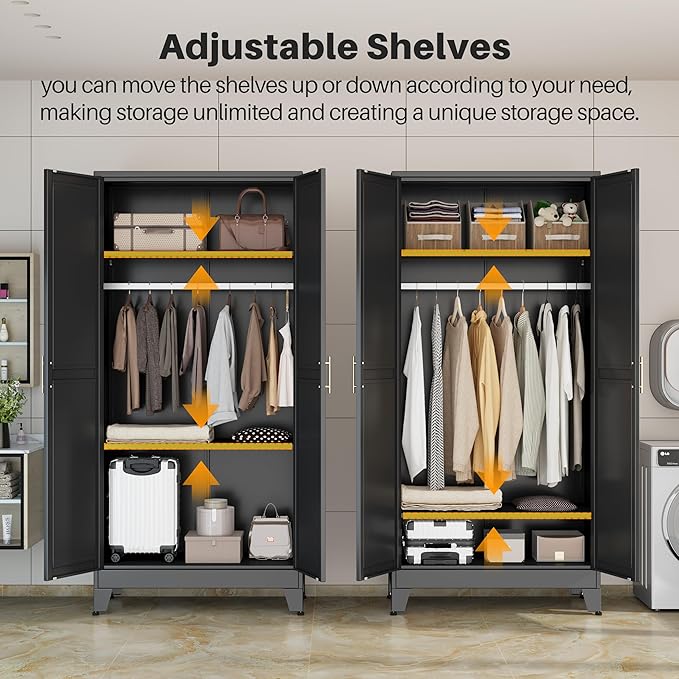 winiowa Metal Armoire Wardrobe Closet with 2 Doors, 71" Wardrobe Cabinet with Adjustable Shelves and Hanging Rod, Clothing Storage Cabinet Closet for Bedroom-Black