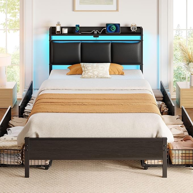 Rolanstar Bed Frame Twin Size with Charging Station and LED Lights, Upholstered Storage Headboard with Drawers, Heavy Duty Metal Slats, No Box Spring Needed, Easy Assembly, Black