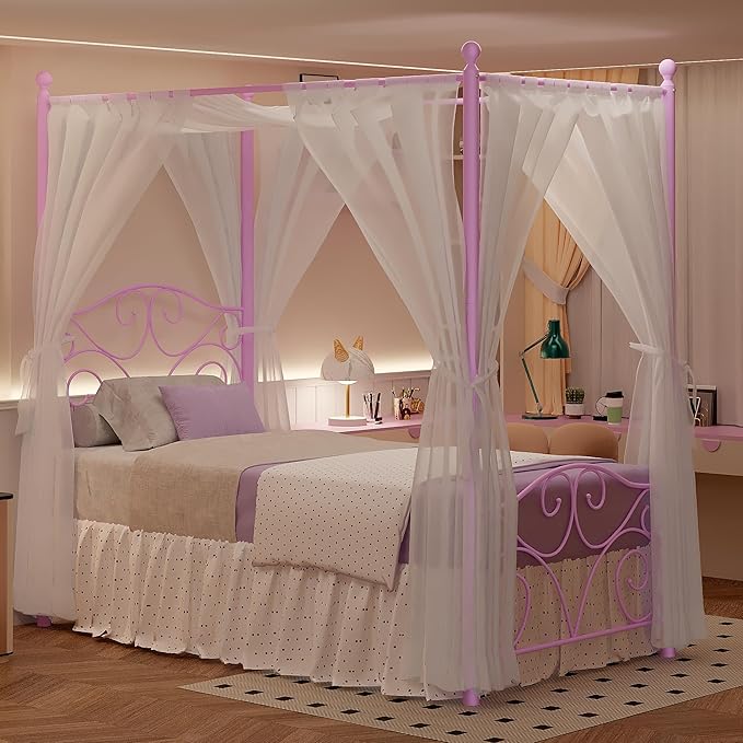 VECELO Metal Canopy Bed Frame Twin Size, 4 Posters Platform Mattress Foundation with Headboard, Heavy Duty Steel Slats Support, No Box Spring Needed, Purple