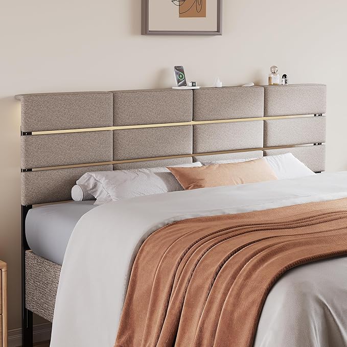 King/Cal King Size Upholstered Headboard, Adjustable Head Boards with LED Light & Charging Station, Bed Headboard Only, Attach Frame, Ideal for Bedroom, Dorm, Guest Room, Beige